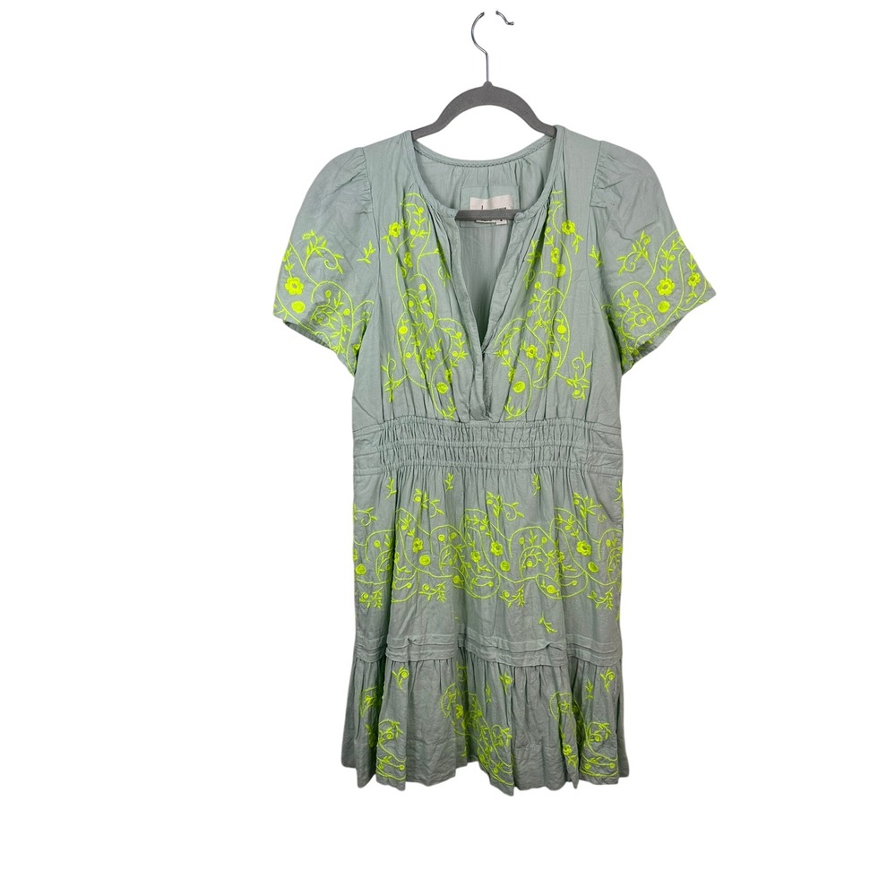 Anthropologie Mini Dress Women Medium Green Neon Yellow Excellent Boho Floral
